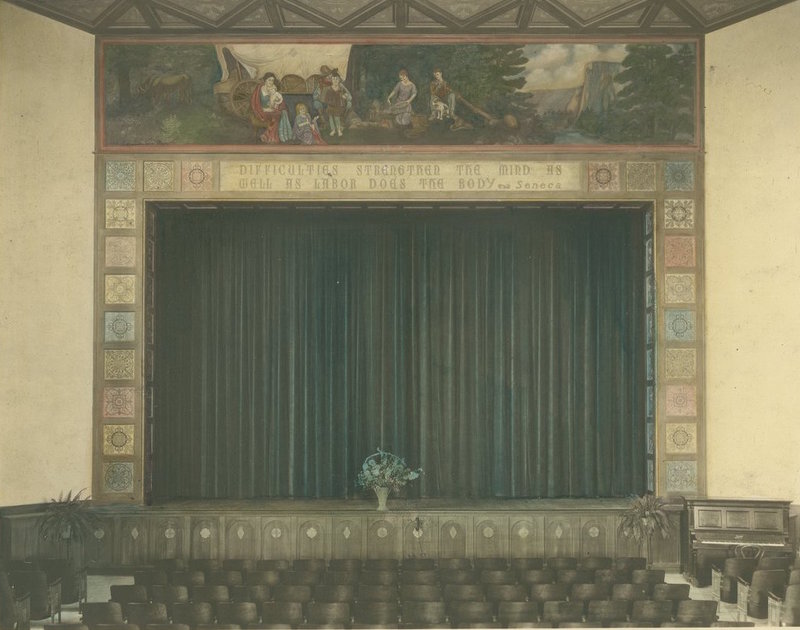 Lucile Lloyd: South Pasadena Junior High School auditorium proscenium arch with Madonna of the Covered Wagon mural (South Pasadena, Calif.)